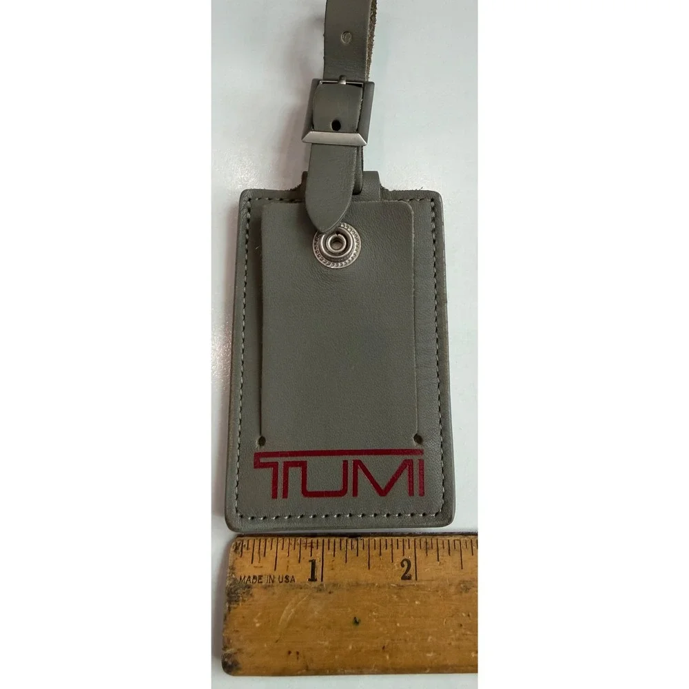Tumi Grey Leather Luggage Tag Red Logo Buckle Strap Travel Accessory
